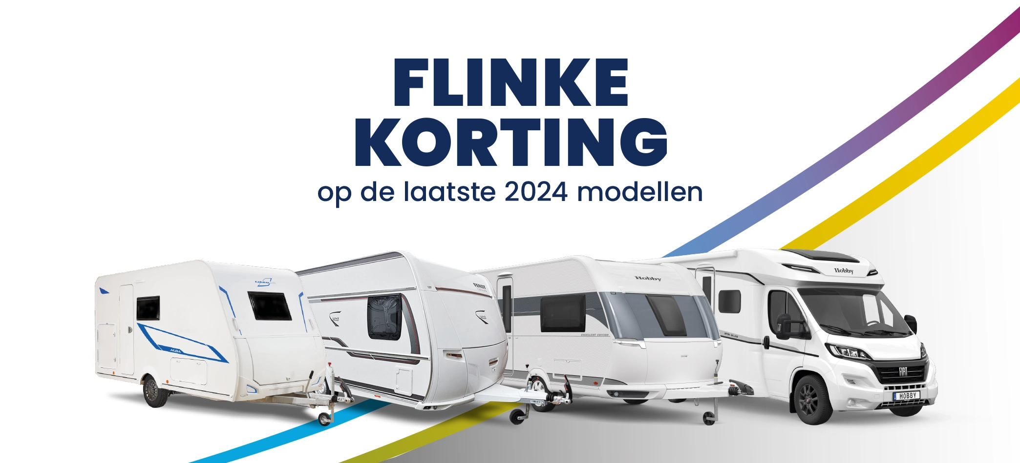 Website banner. Tekst: flinke korting op de laatste 2024 modellen. Afbeelding 3 merken caravans en 1 camper met visuele identiteit.